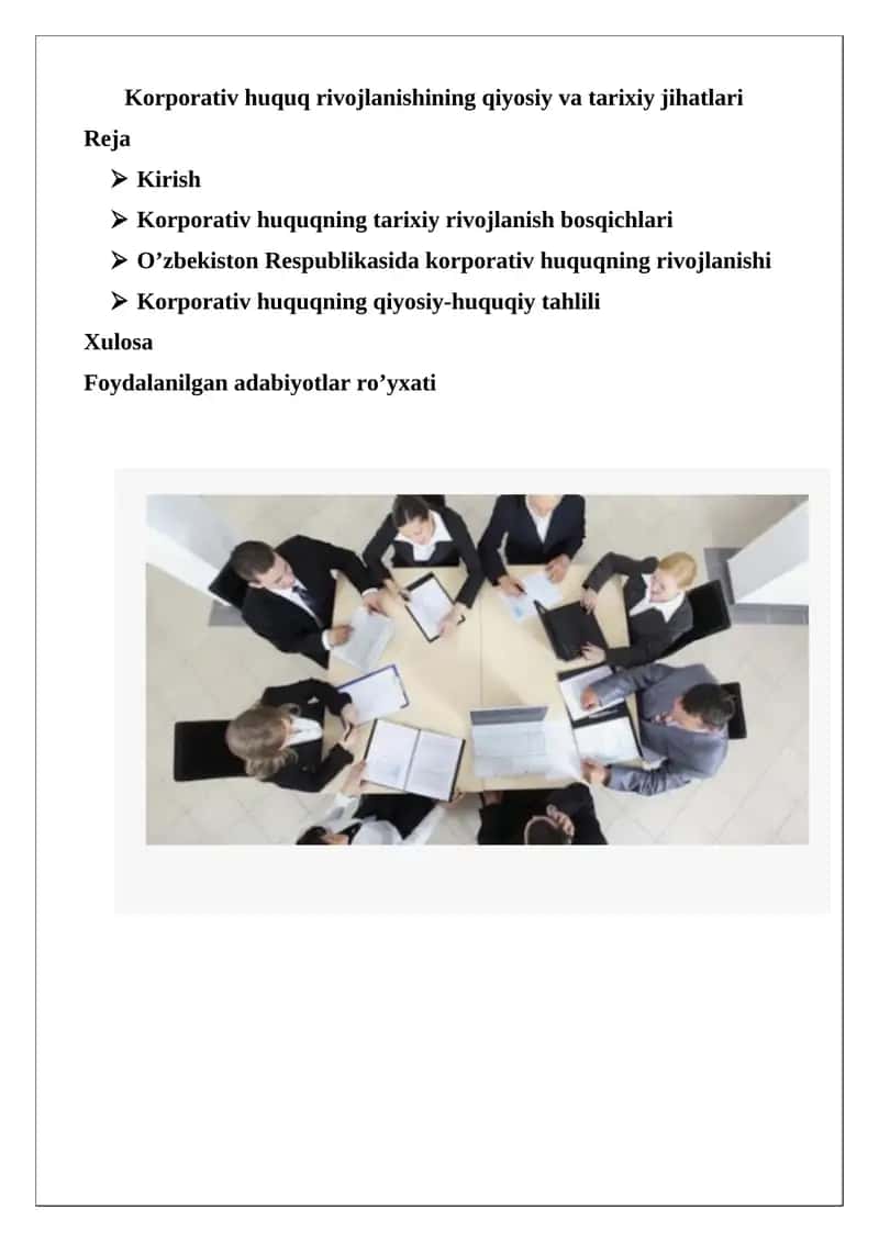 Korporativ huquq rivojlanishining qiyosiy va tarixiy jihatlari