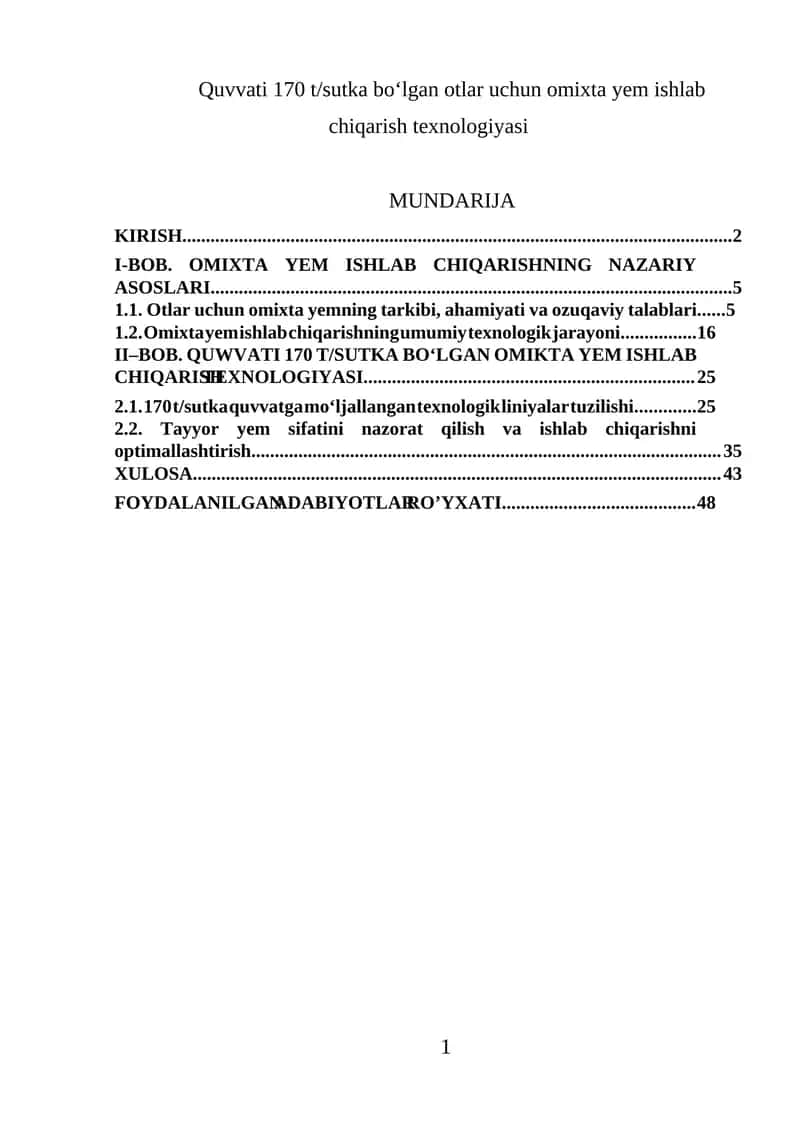 Omixta yem ishlab chiqarish texnologiyasi