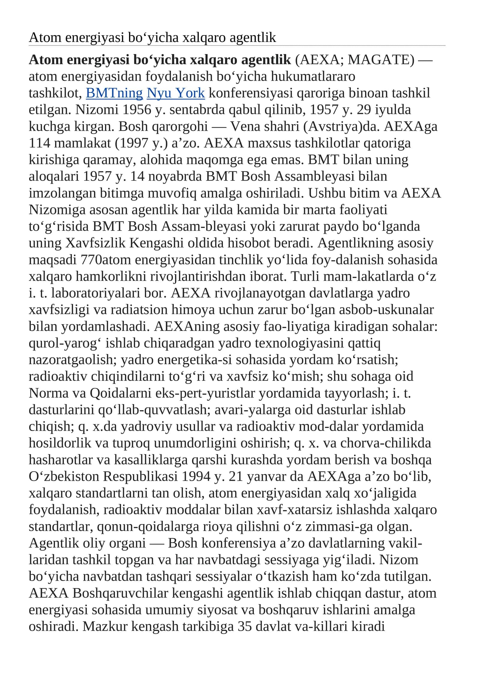 Atom energiyasi boโyicha xalqaro agentlik