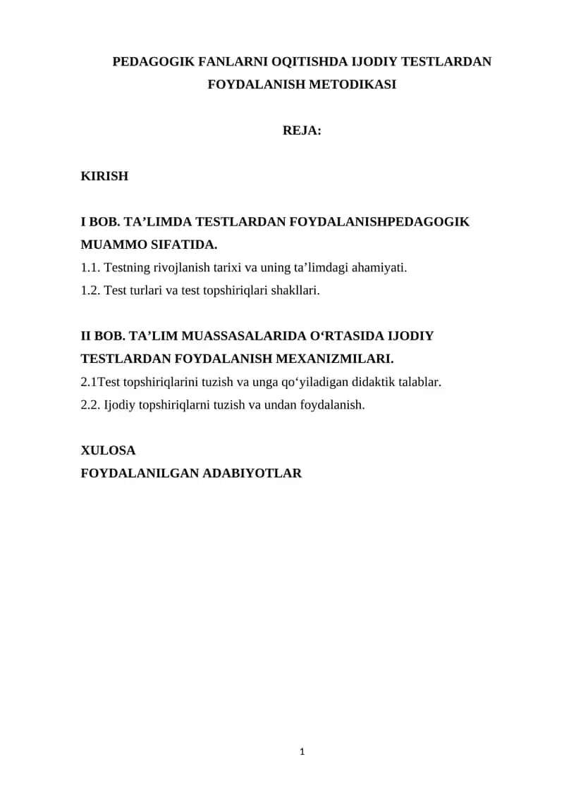 PEDAGOGIK FANLARNI OQITISHDA IJODIY TESTLARDAN FOYDALANISH METODIKASI