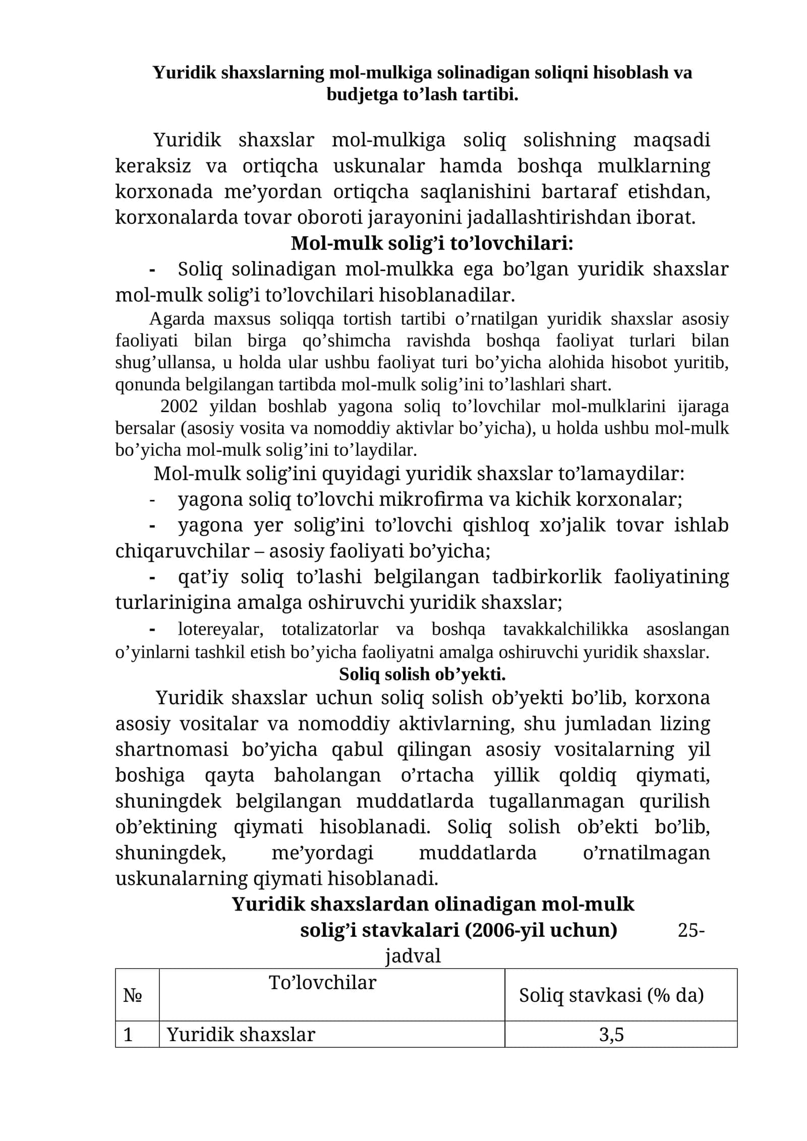 Yuridik shaxslarning mol-mulkiga solinadigan soliqni hisoblash va budjetga to’lash tartibi