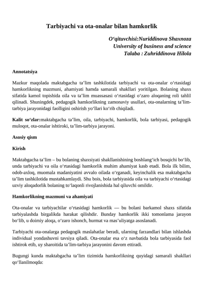 Maktabgacha ta'limda tarbiyachi va ota-onalar hamkorligi