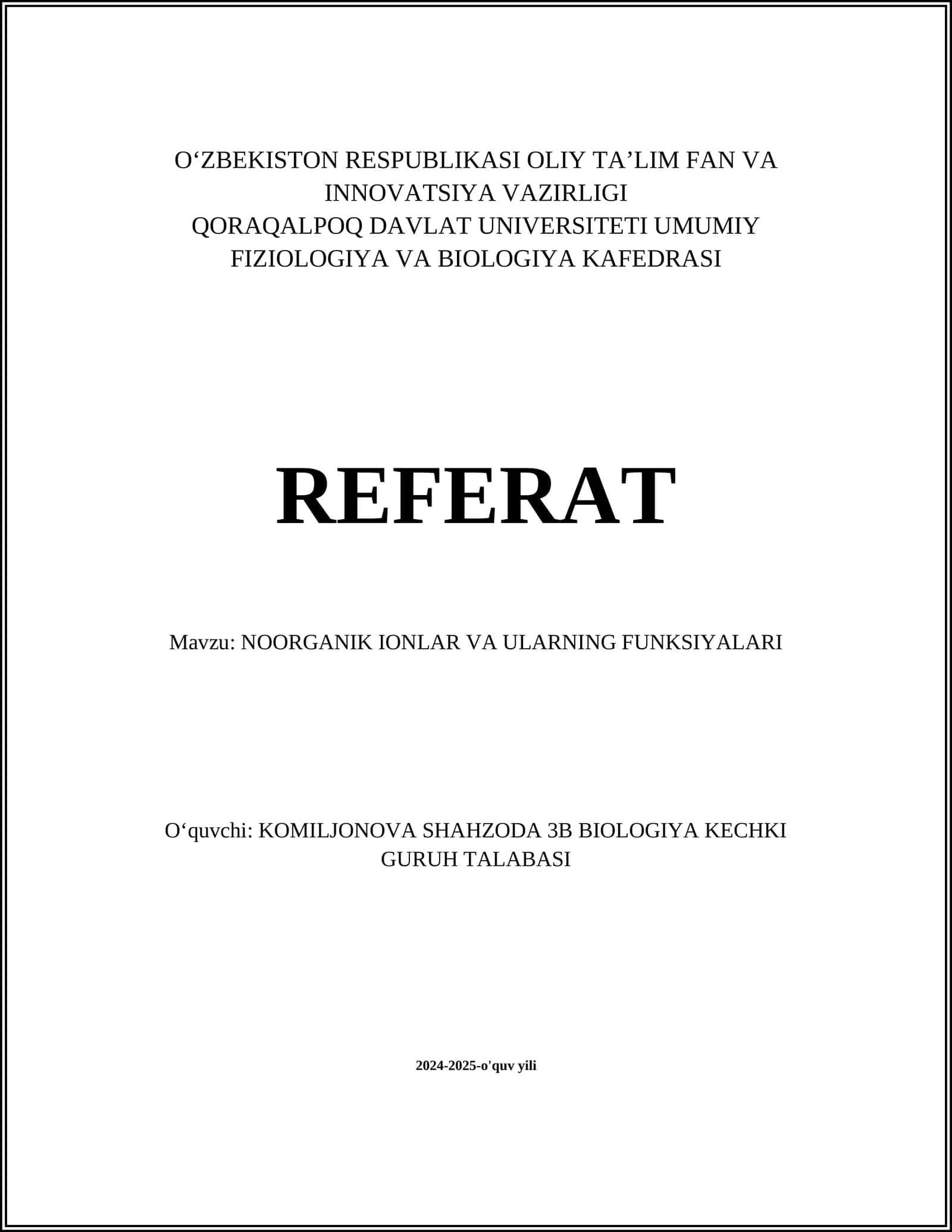 REFERAT: NOORGANIK IONLAR VA ULARNING FUNKSIYALARI