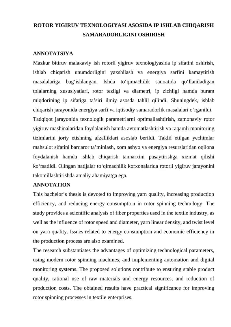 BMI_ROTOR YIGIRUV TEXNOLOGIYASI ASOSIDA IP ISHLAB CHIQARISH SAMARADORLIGINI OSHIRISH