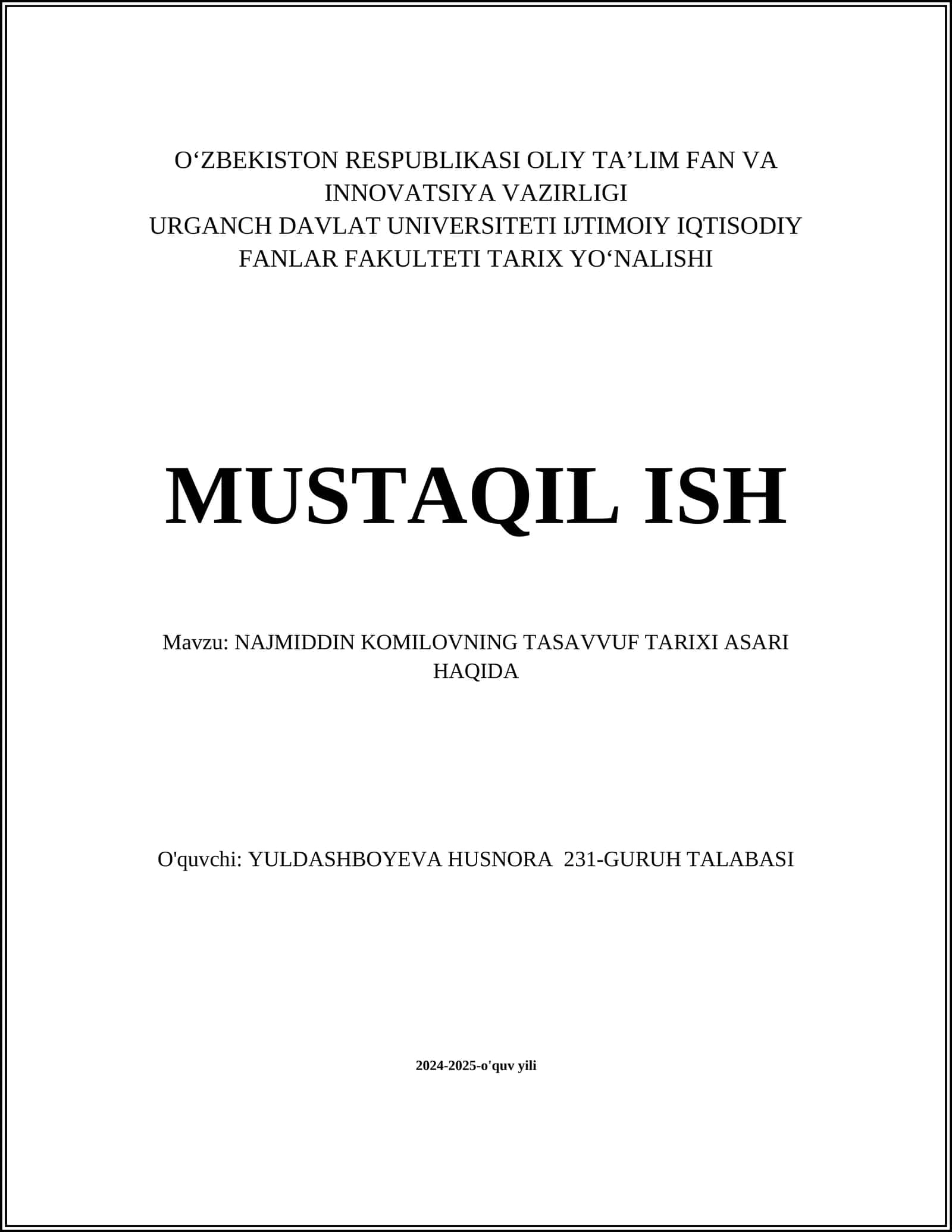 NAJMIDDIN KOMILOVNING TASAVVUF TARIXI ASARI HAQIDA