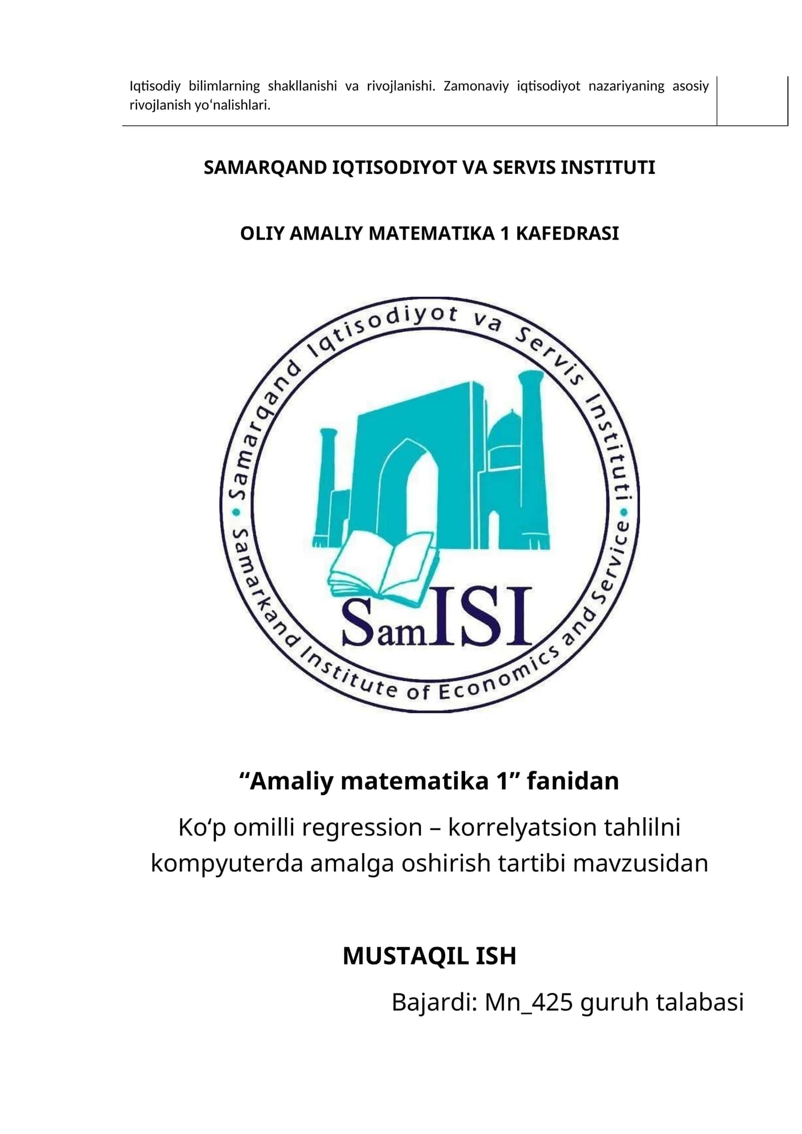 Ko‘p omilli regression – korrelyatsion tahlilni kompyuterda amalga oshirish tartibi