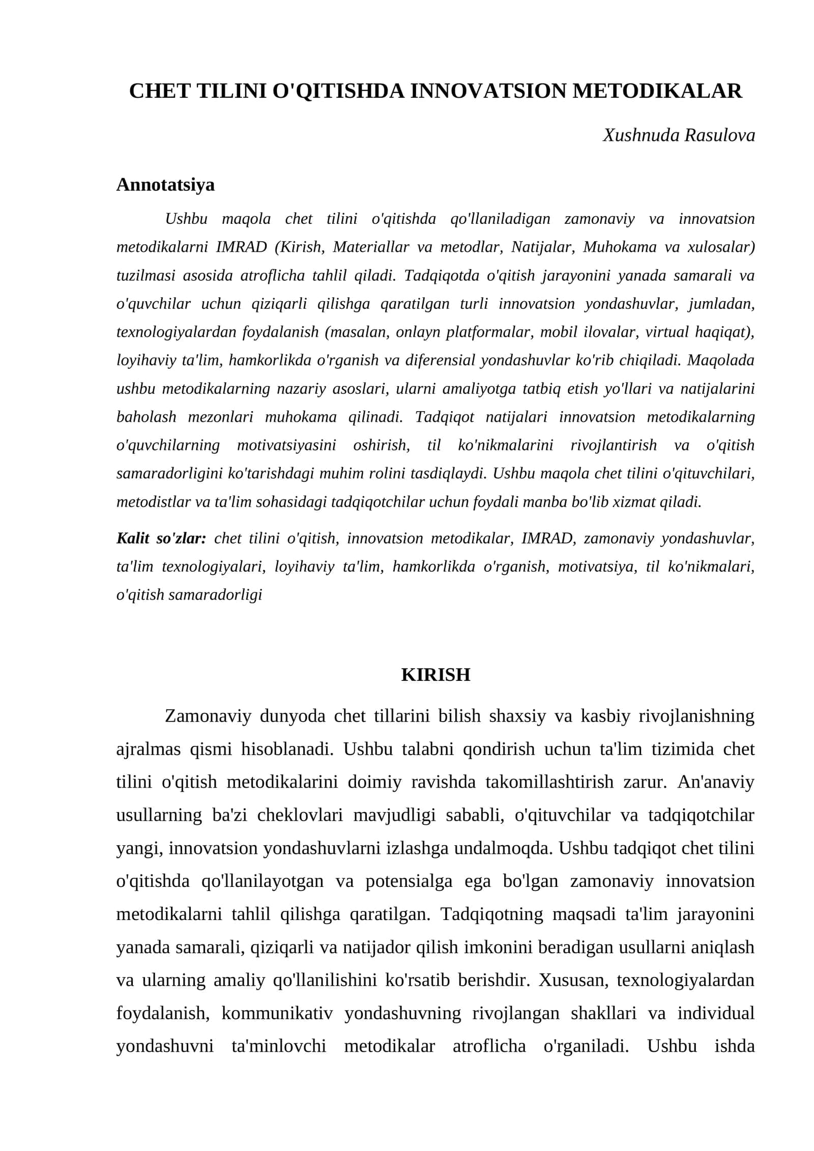 CHET TILINI O'QITISHDA INNOVATSION METODIKALAR
