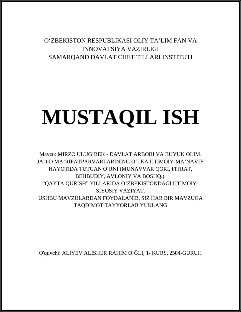 MIRZO ULUG‘BEK - DAVLAT ARBOBI VA BUYUK OLIM