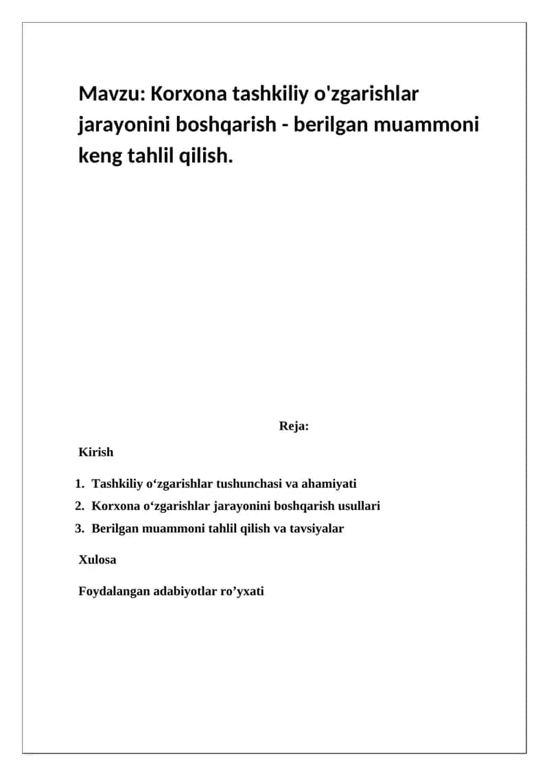 Tashkiliy o'zgarishlar jarayonini boshqarish