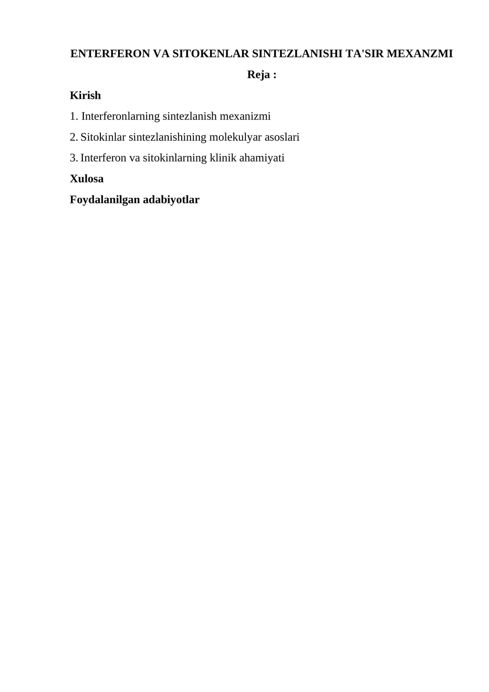 Interferon va Sitokenlar sintezlanishi ta'sir mexanzmi