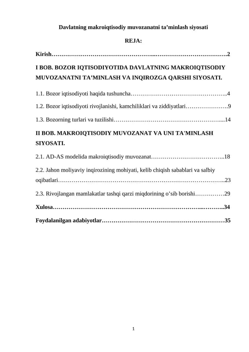 Davlatning makroiqtisodiy muvozanatni ta’minlash siyosati