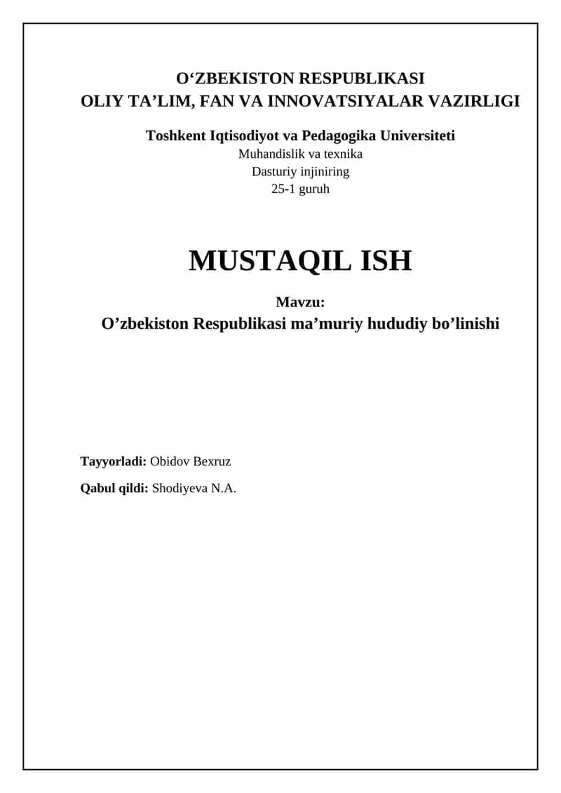 O’zbekiston Respublikasi ma’muriy hududiy bo’linishi
