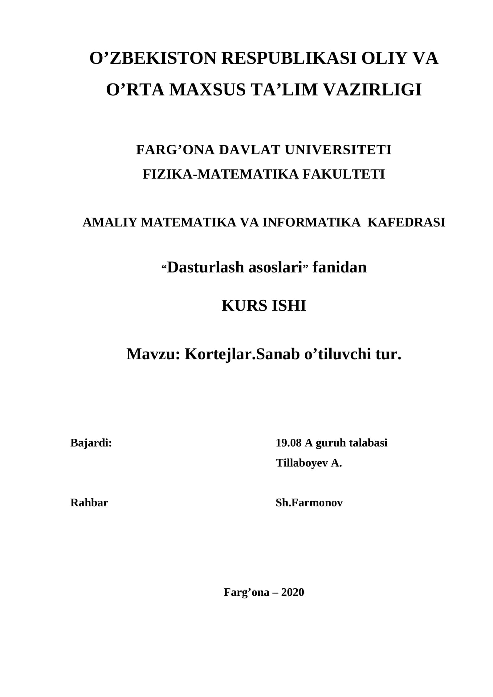 Mavzu: Kortejlar.Sanab o’tiluvchi tur