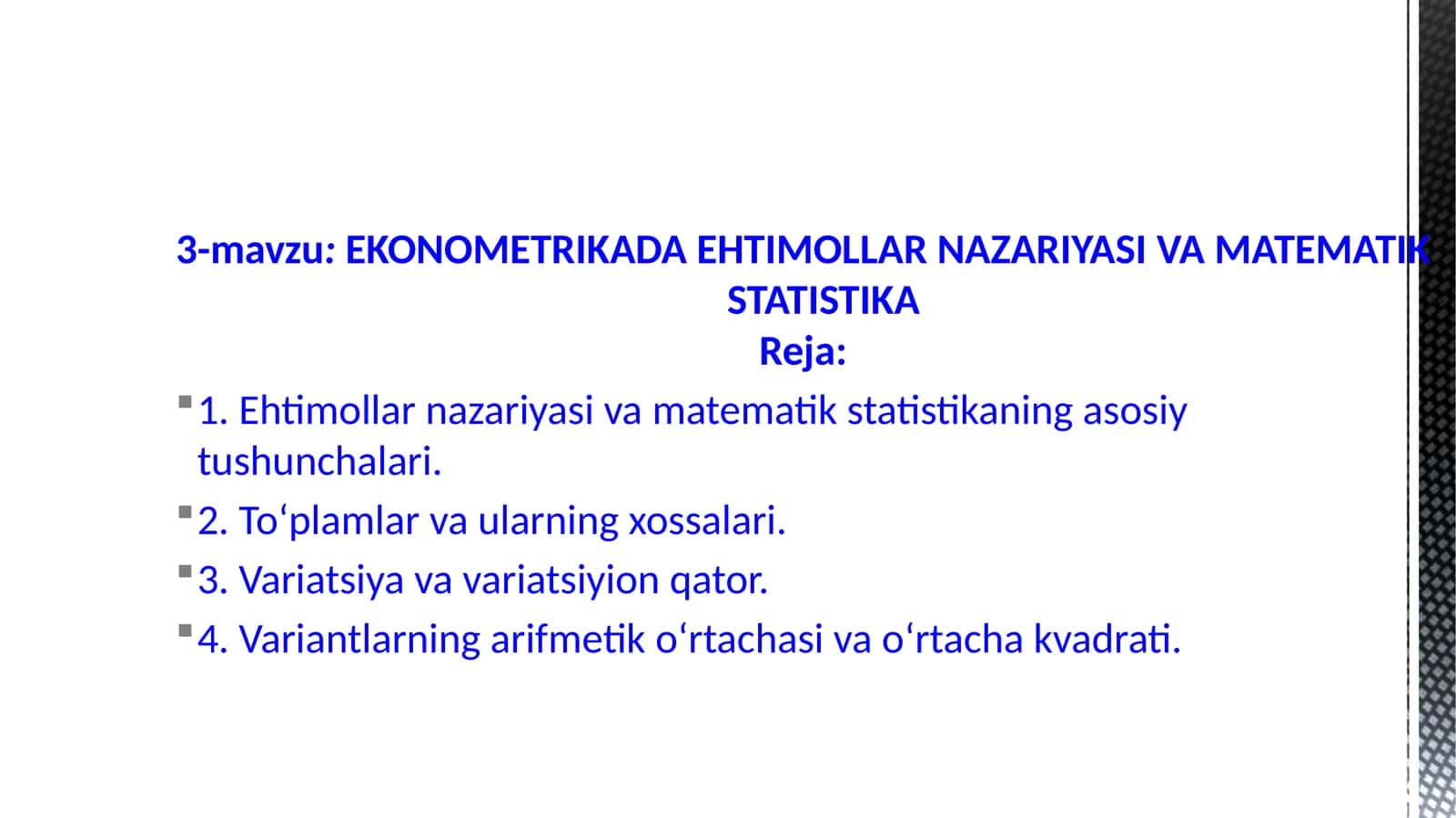EKONOMETRIKADA EHTIMOLLAR NAZARIYASI VAMATEMATIKSTATISTIKA