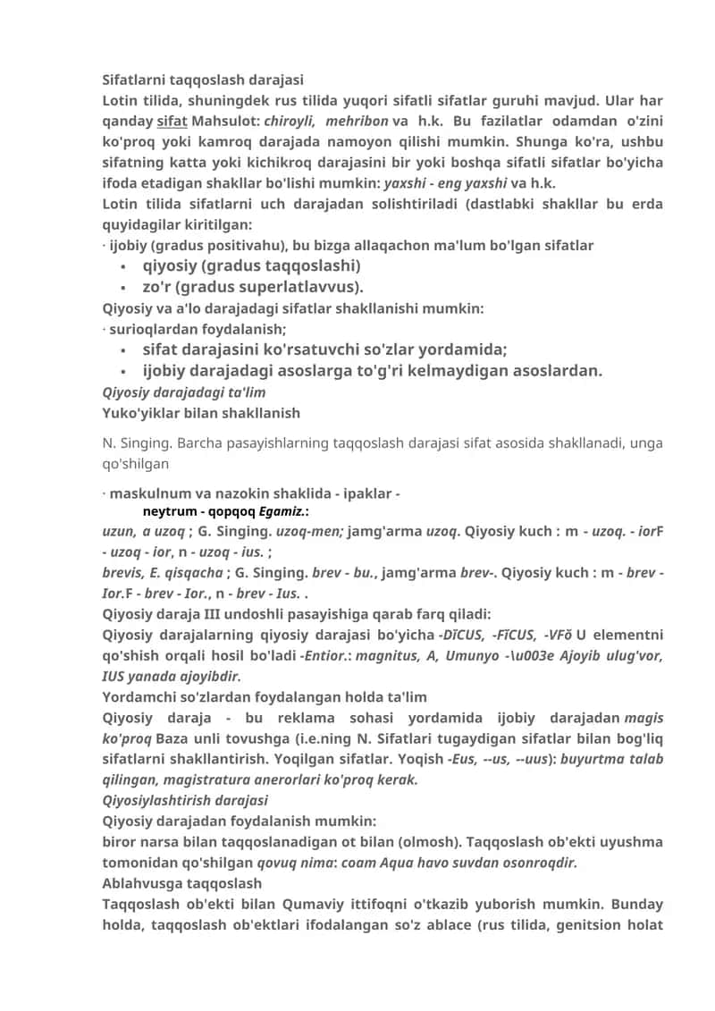 Sifatlarni taqqoslash darajasi