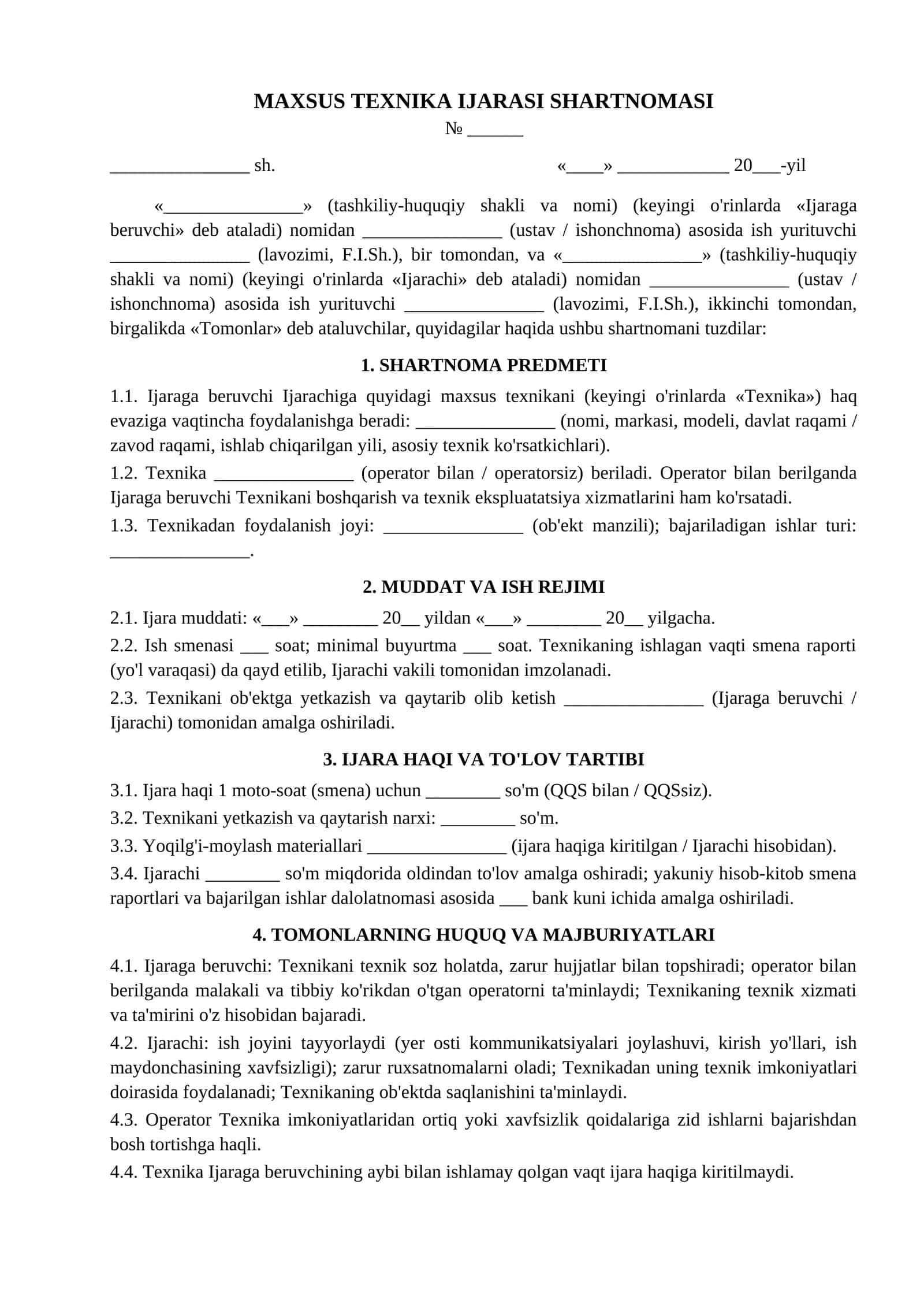 Maxsus texnika ijarasi shartnomasi ekskavator kran yuklagich namunasi