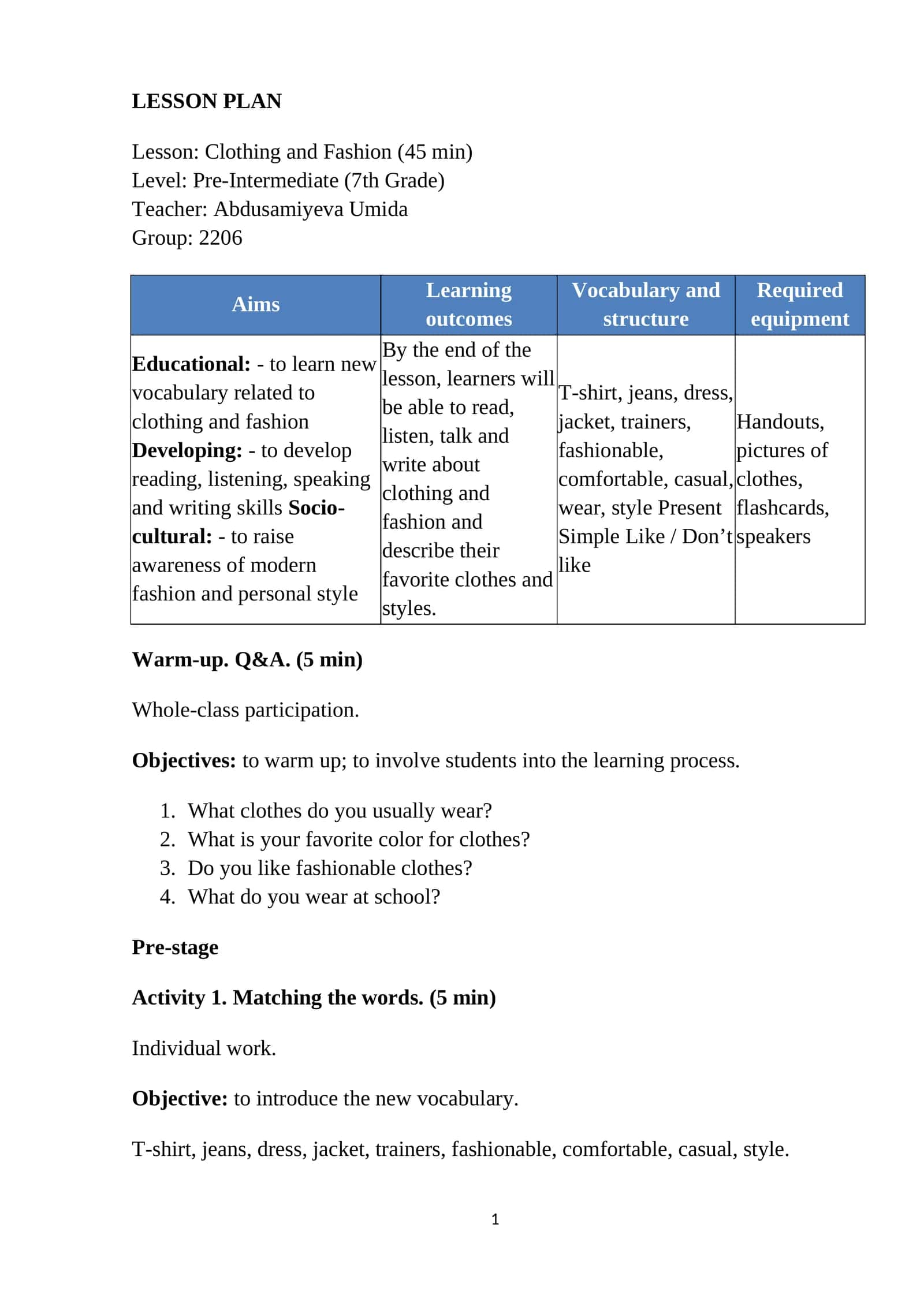 LESSON PLAN: Clothing and Fashion