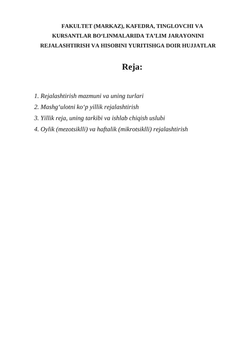 Rejalashtirish mazmuni va uning turlari