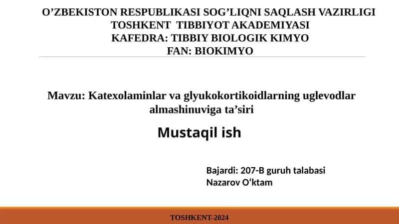 Katexolaminlar va glyukokortikoidlarning uglevodlar almashinuvi gata'siri