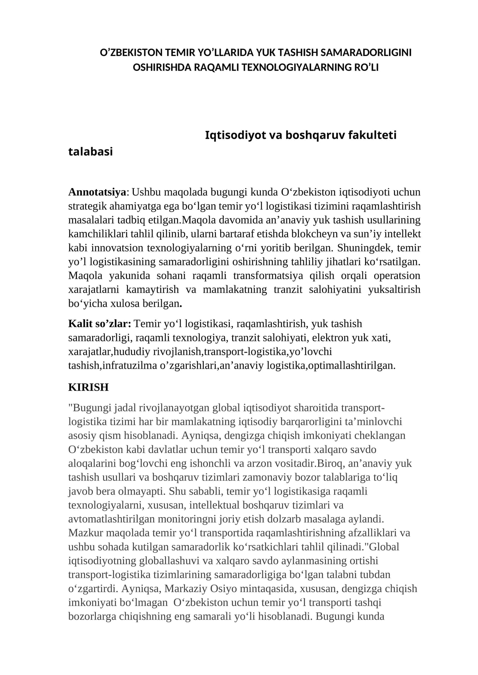 O'ZBEKISTON TEMIR YO’LLARIDA YUK TASHISH SAMARADORLIGINI OSHIRISHDA RAQAMLI TEXNOLOGIYALARNING RO’LI