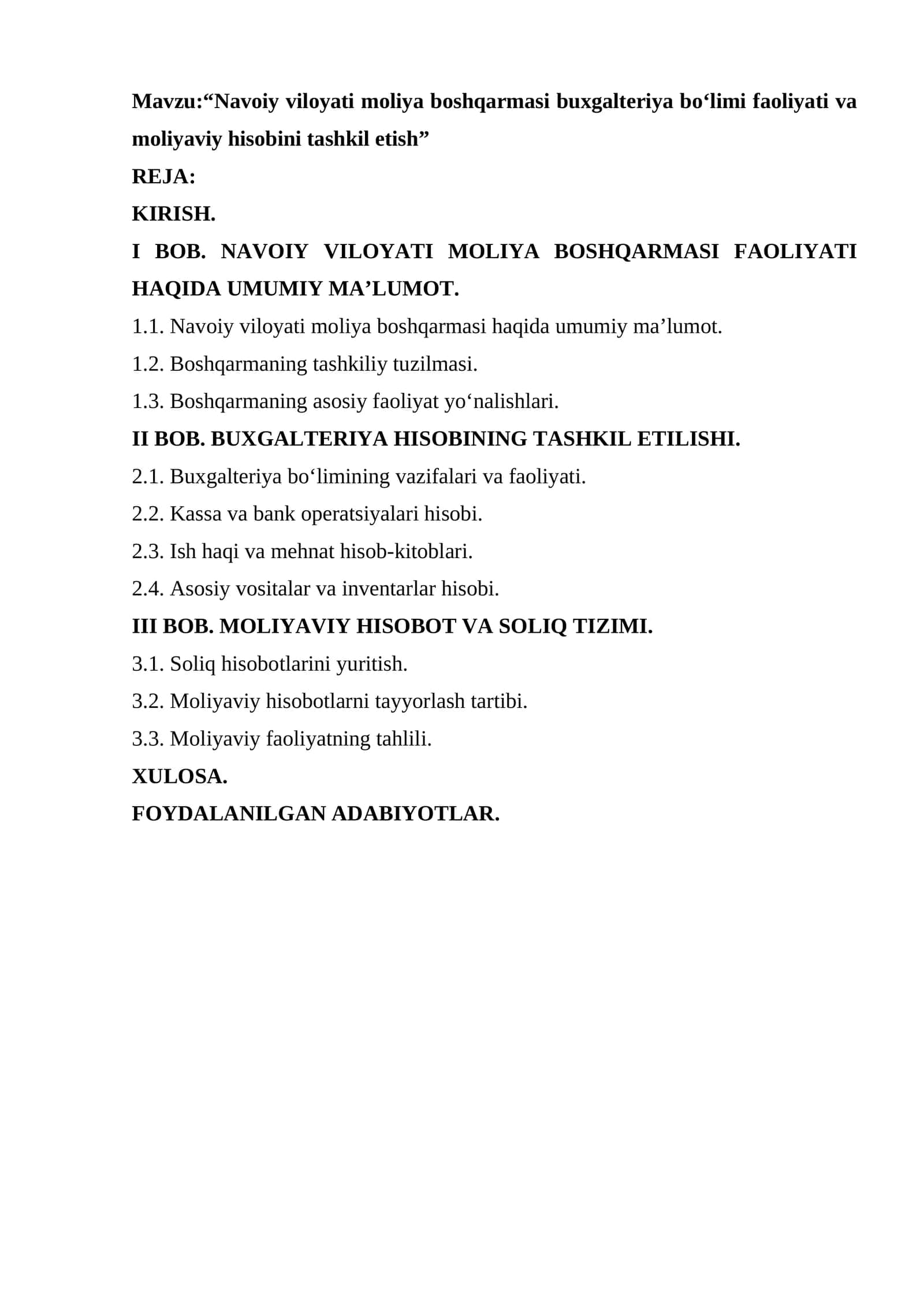 Navoiy viloyati moliya boshqarmasi buxgalteriya bo‘limi faoliyati va moliyaviy hisobini tashkil etish