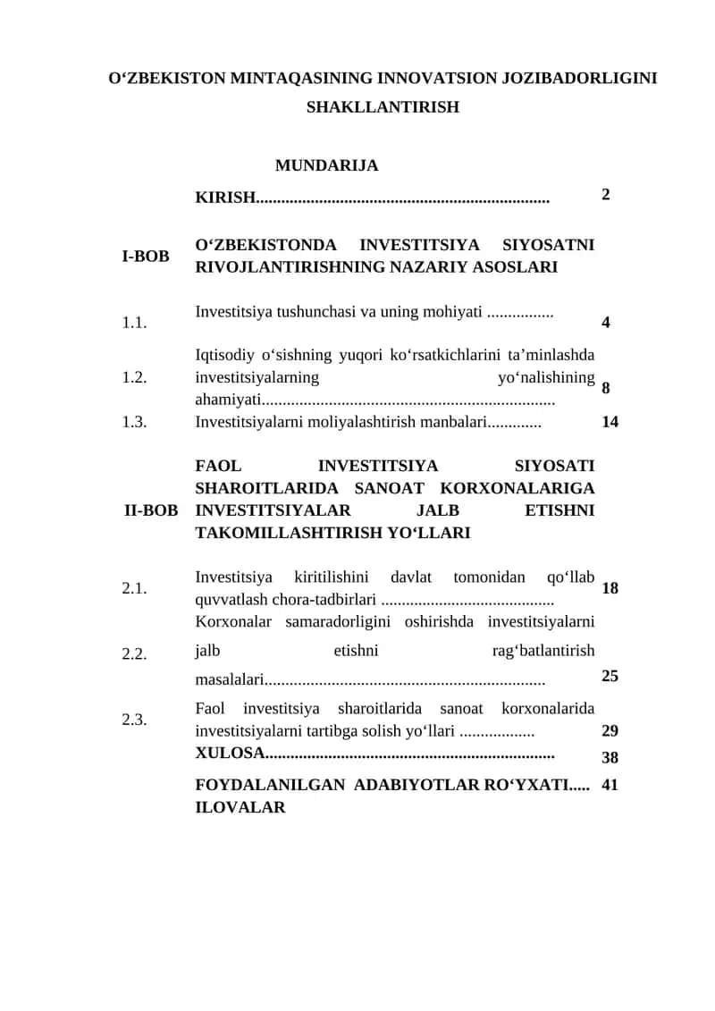 O‘ZBEKISTON MINTAQASINING INNOVATSION JOZIBADORLIGINI SHAKLLANTIRISH