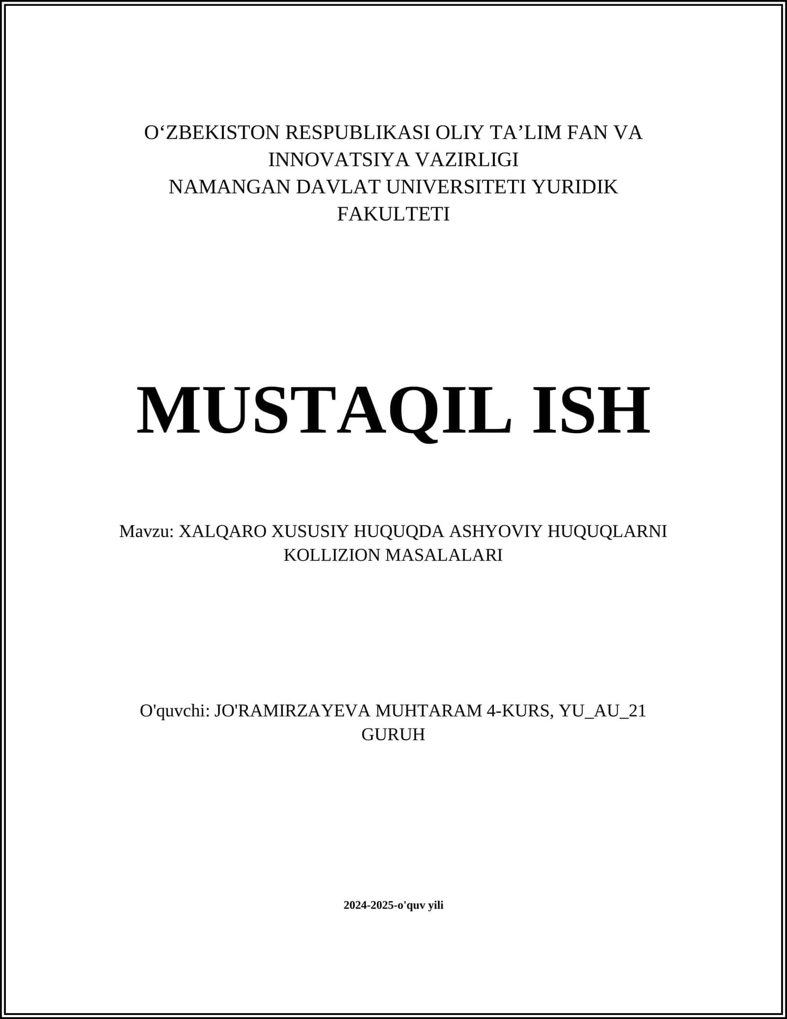 Xalqaro Xususiy Huquqda Ashyoviy Huquqlarni Kollizion Masalalari