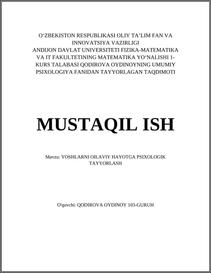 YOSHLARNI OILAVIY HAYOTGA PSIXOLOGIK TAYYORLASH