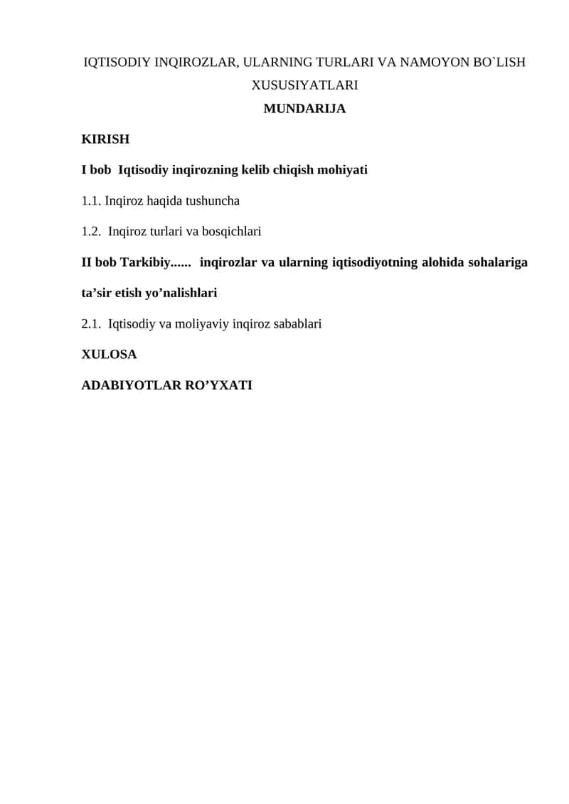 IQTISODIY INQIROZLAR, ULARNING TURLARI VA NAMOYON BO`LISH XUSUSIYATLARI