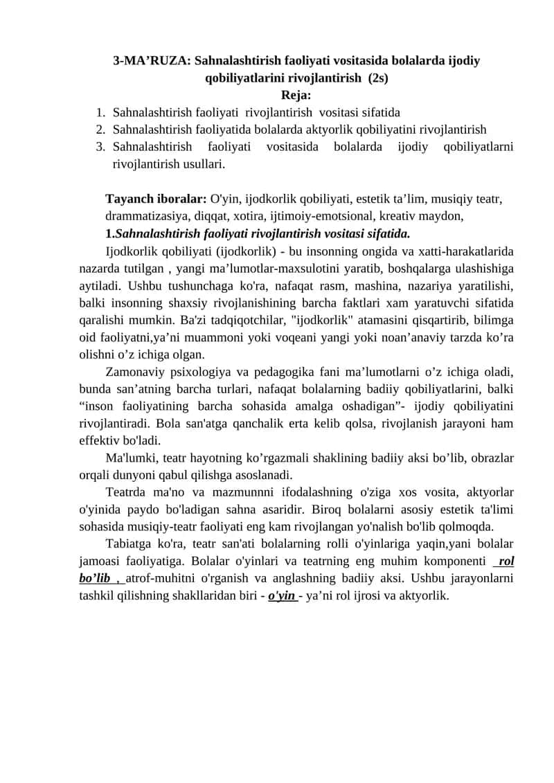 3-MA’RUZA: Sahnalashtirish faoliyati vositasida bolalarda ijodiy qobiliyatlarini rivojlantirish (2s)