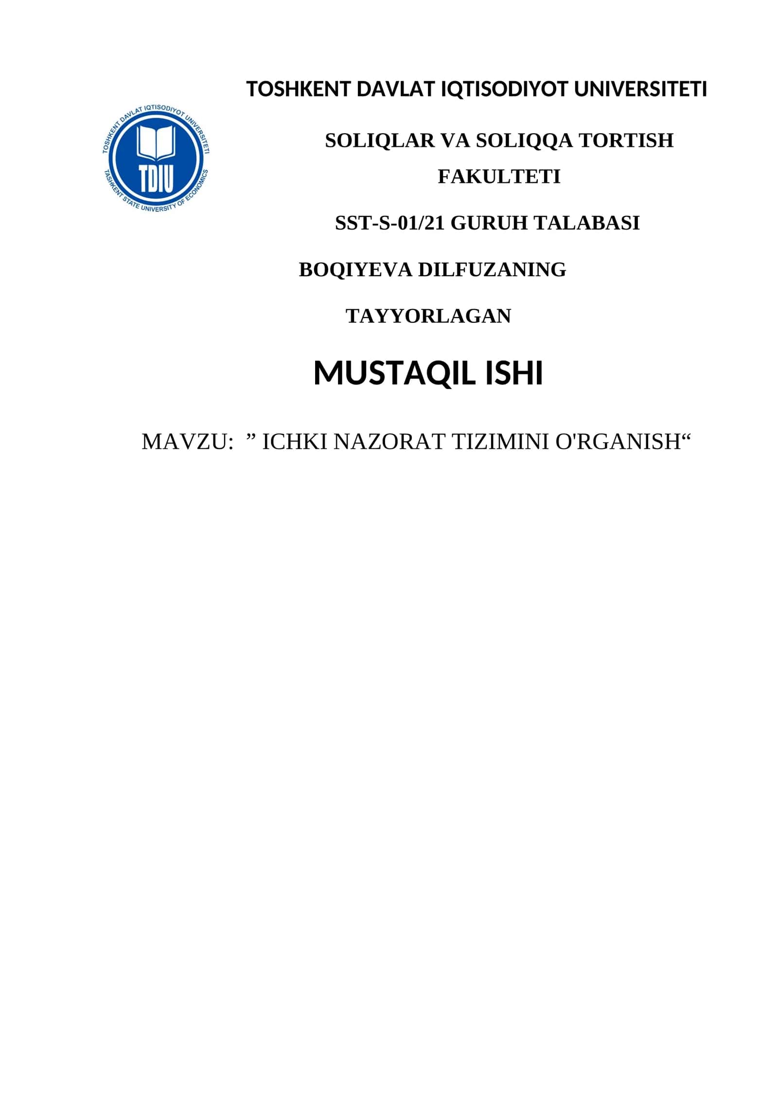 ICHKI NAZORAT TIZIMINI O'RGANISH