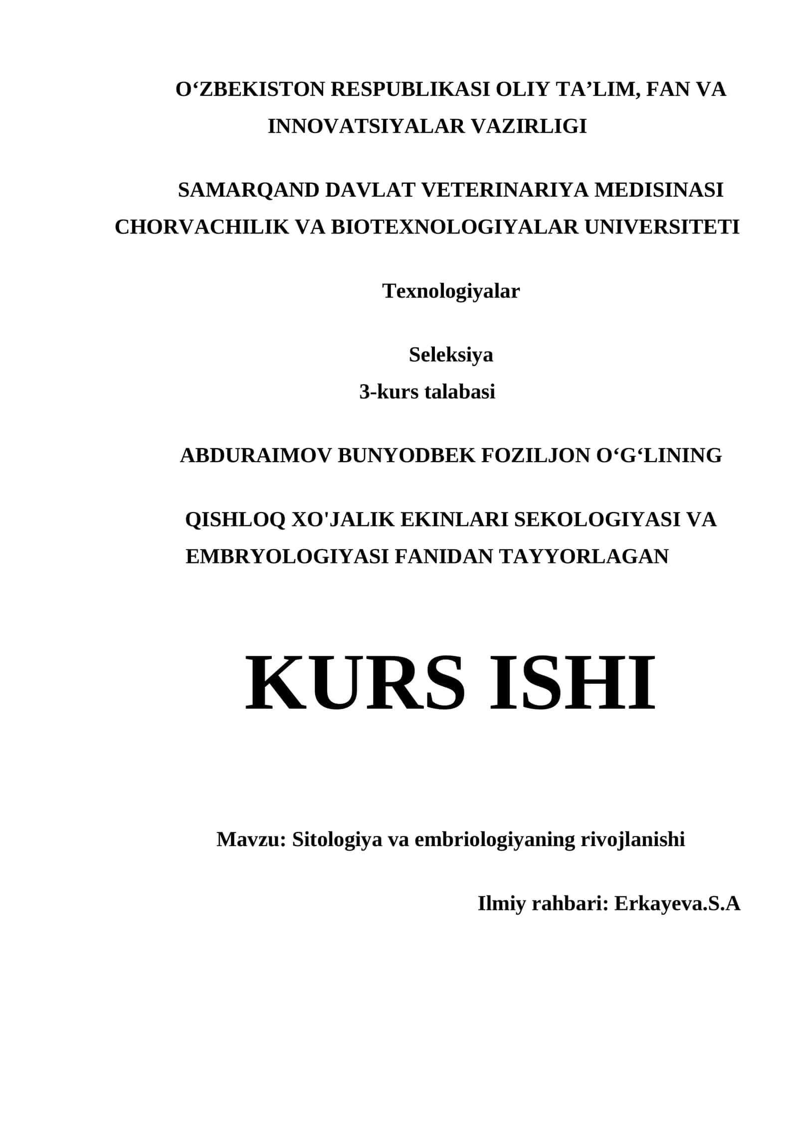 SITOLOGIYA VA EMBRIOLOGIYANING RIVOJLANISHI