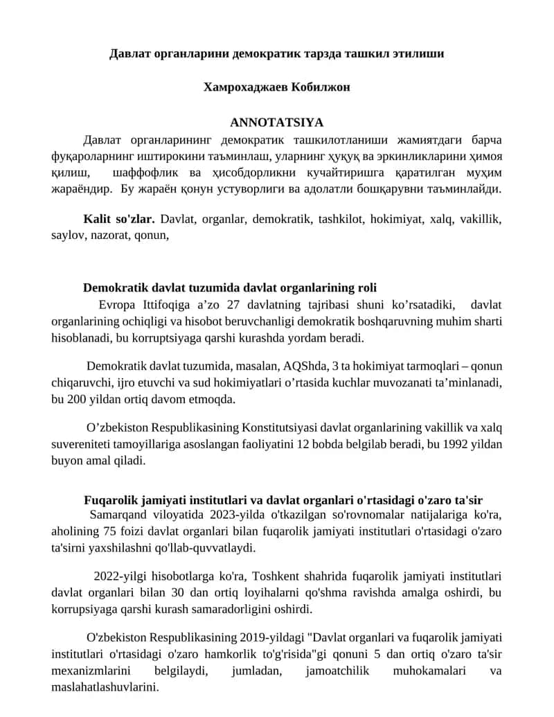 Davlat organlarini demokratik tarzda tashkil etilishi
