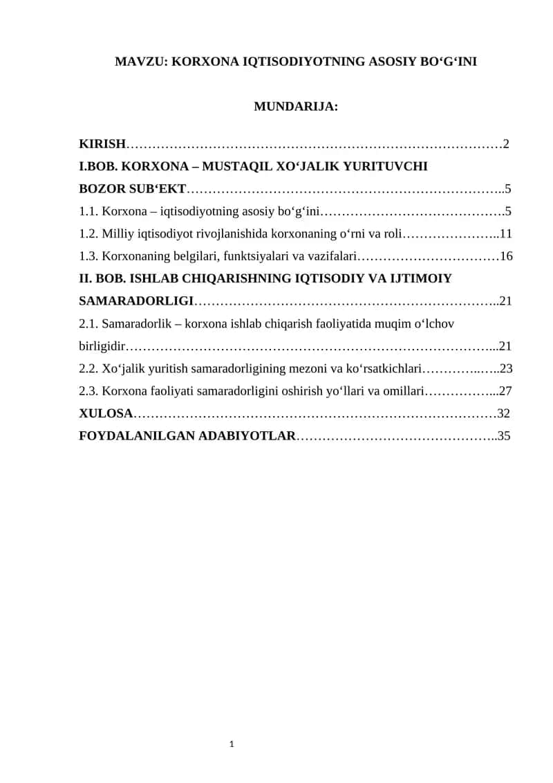 KORXONA IQTISODIYOTNING ASOSIY BO‘G‘INI
