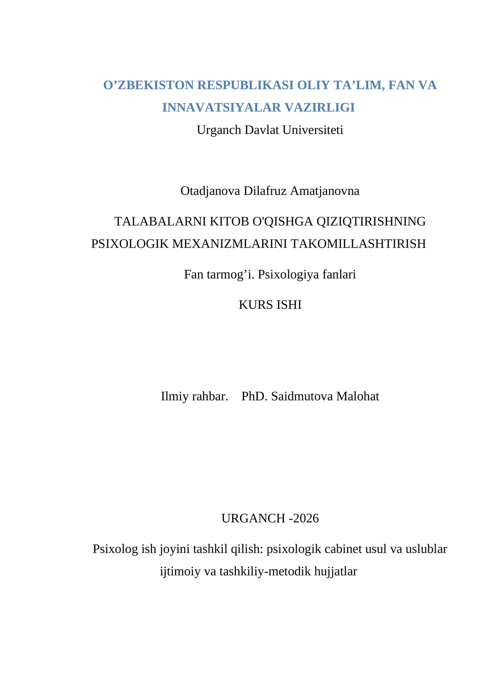 Psixolog ish joyini tashkil qilish