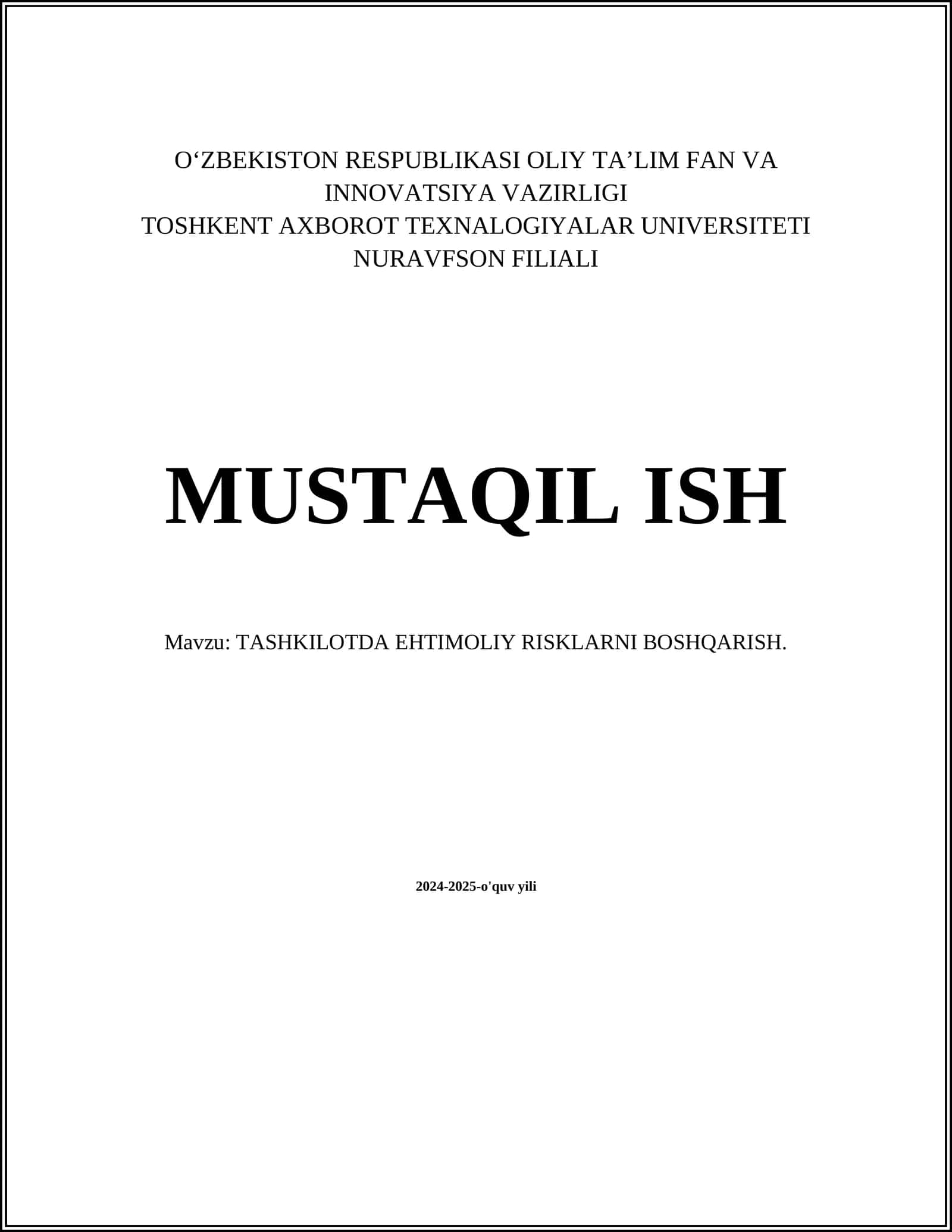 TASHKILOTDA EHTIMOLIY RISKLARNI BOSHQARISH