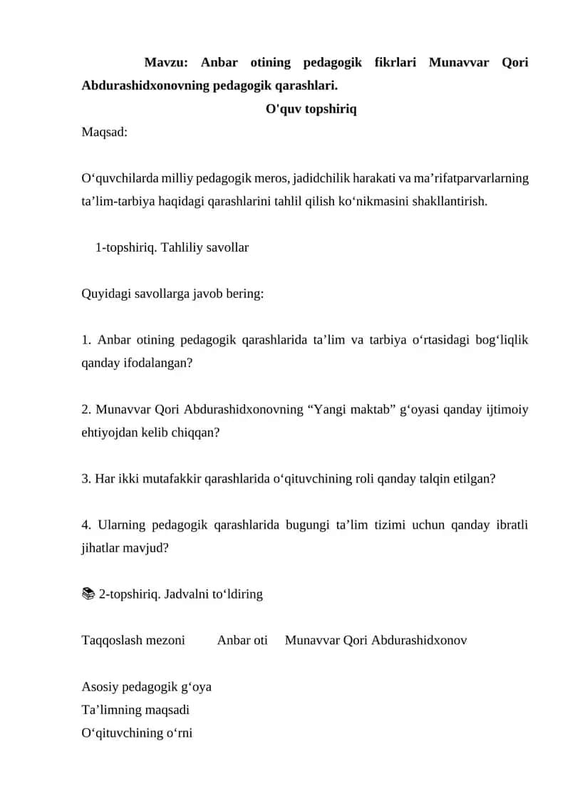 Anbar otining pedagogik fikrlari Munavvar Qori Abdurashidxonovning pedagogik qarashlari