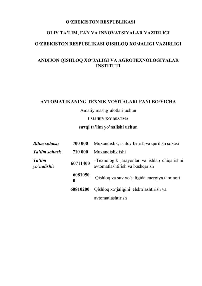 Avtomatikaning texnik vositalari fani bo‘yicha