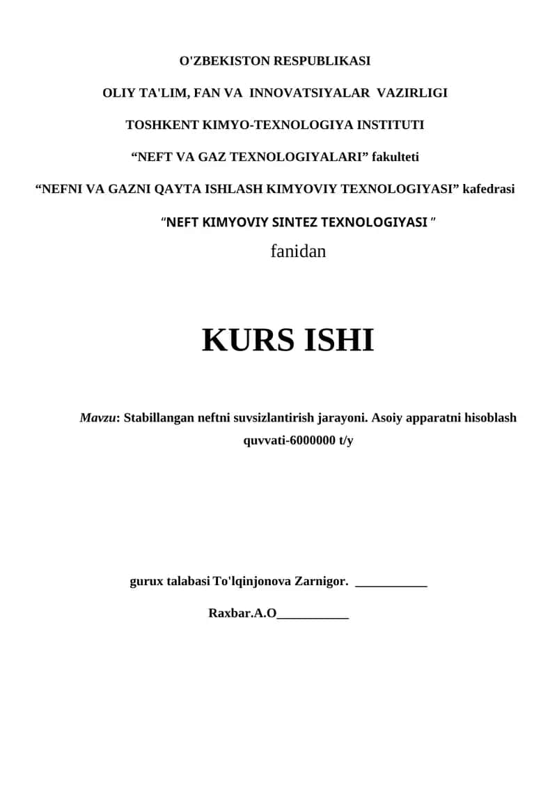 Stabillangan neftni suvsizlantirish jarayoni