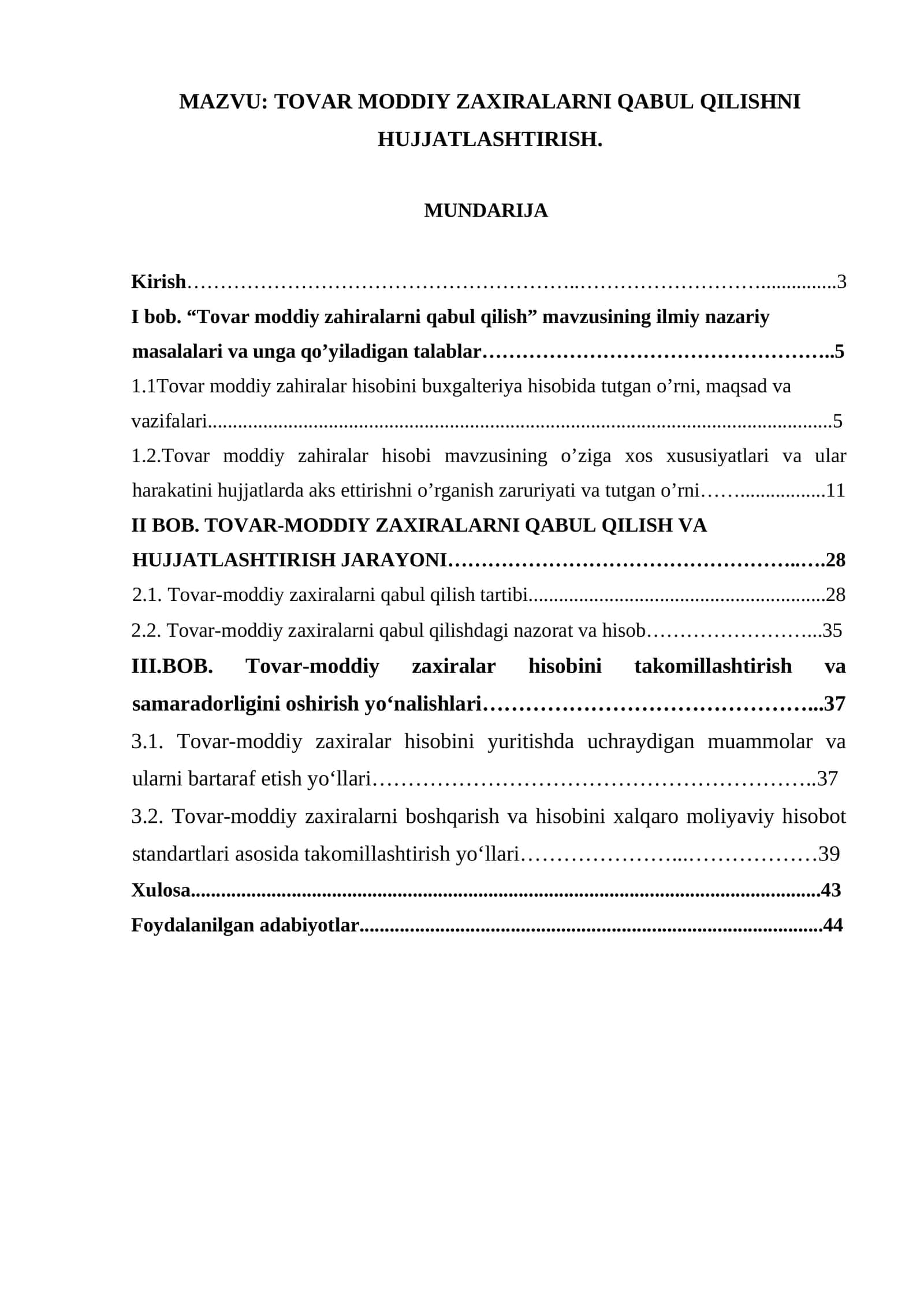 TOVAR MODDIY ZAXIRALARNI QABUL QILISHNI HUJJATLASHTIRISH