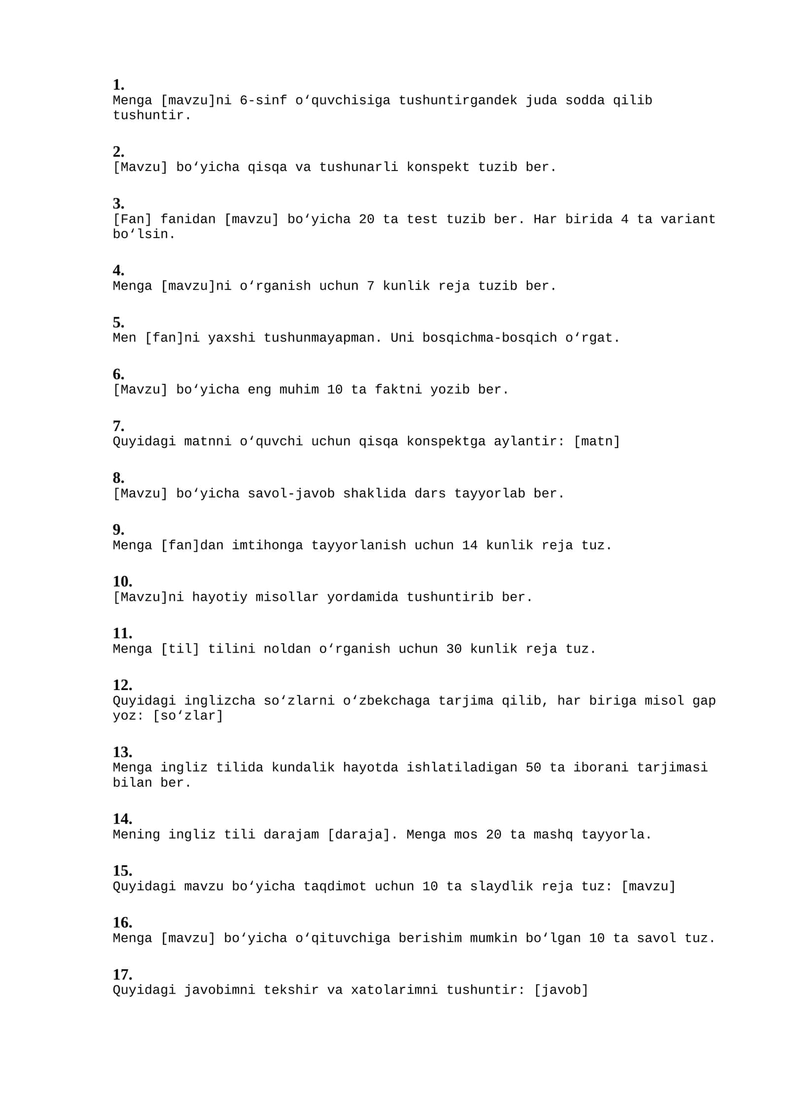 ChatGPT uchun 100 ta foydali Prompt — O‘qish, Biznes, SMM va Freelance