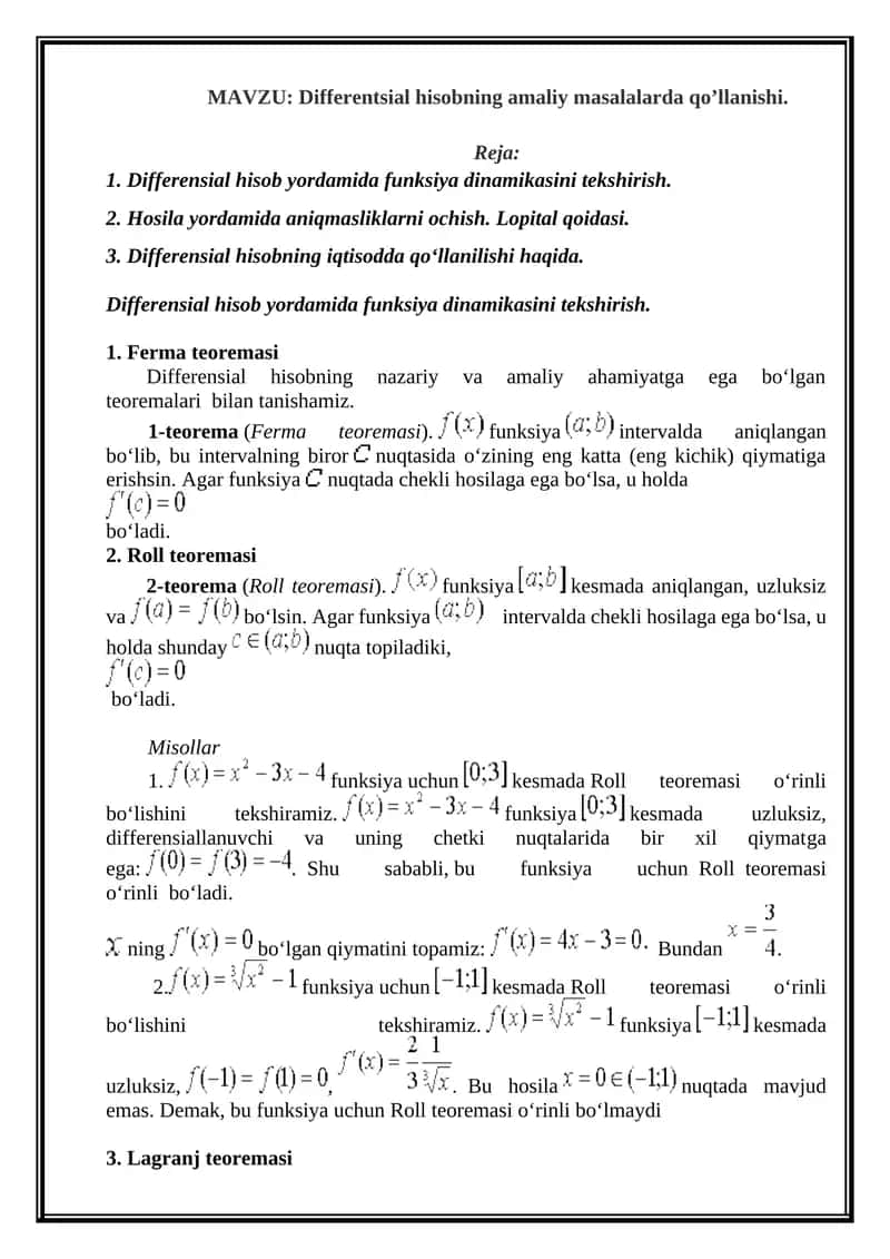 Differentsial hisobning amaliy masalarda qo’llanishi