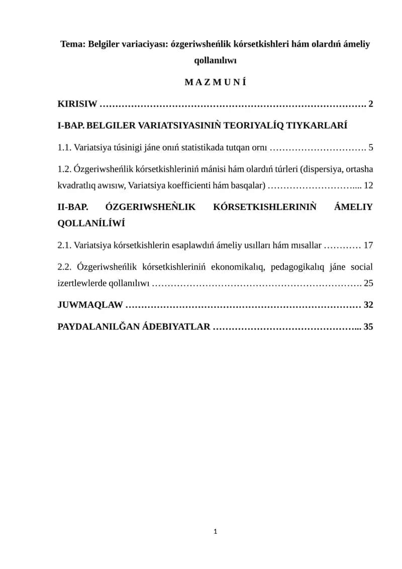 Belgiler variaciyası: ózgeriwsheńlik kórsetkishleri hám olardıń ámeliy qollanılıwı
