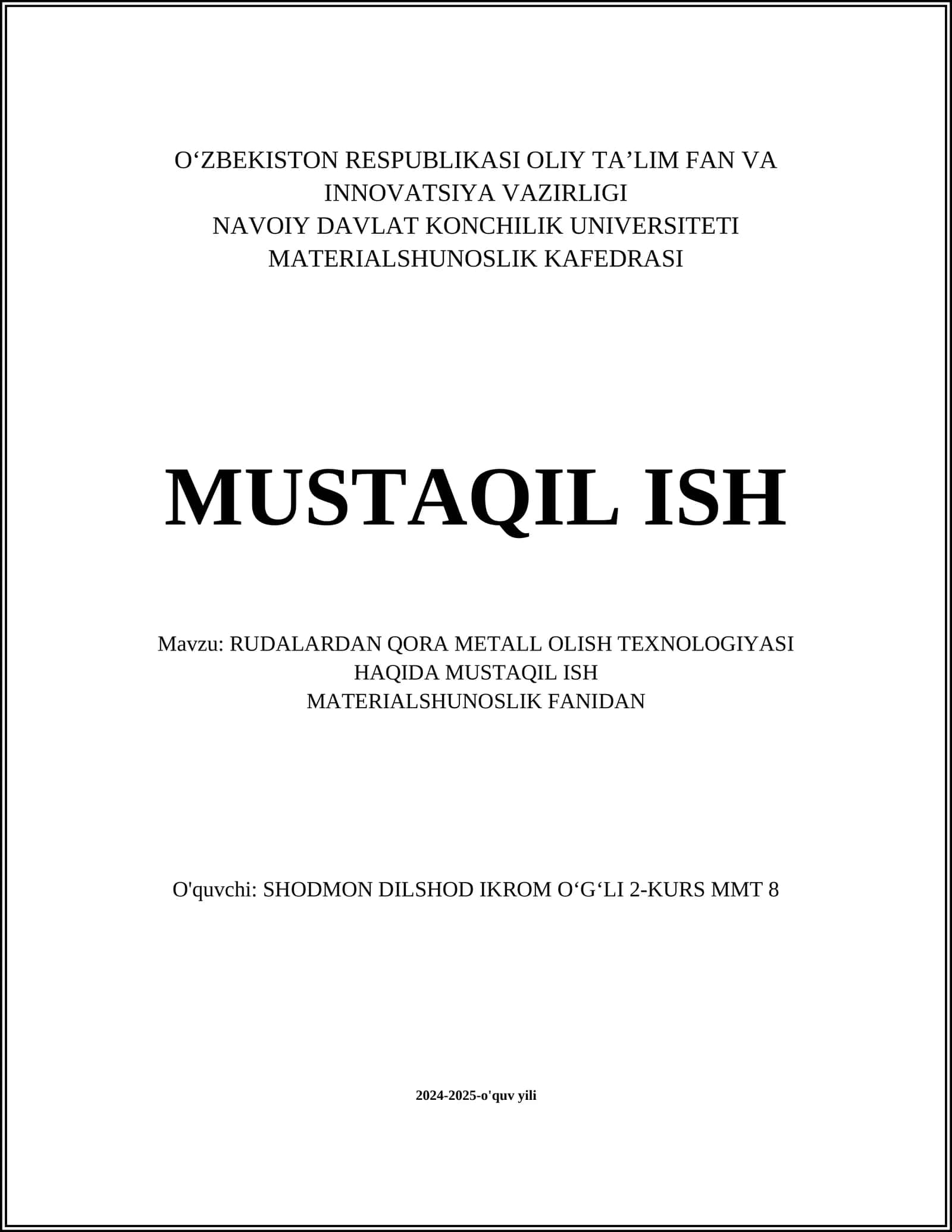 RUDALARDAN QORA METALL OLISH TEXNOLOGIYASI