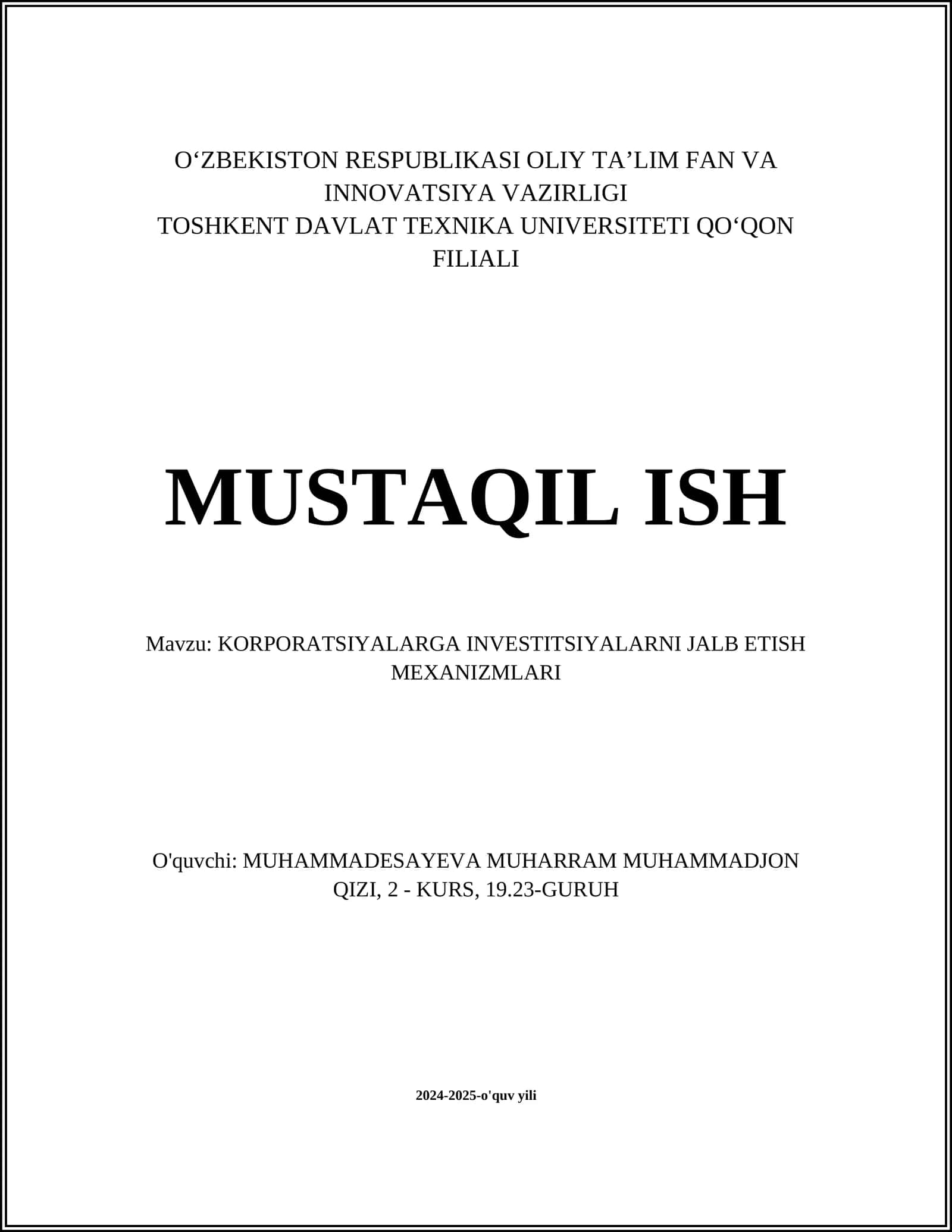 KORPORATSIYALARGA INVESTITSIYALARNI JALB ETISH MEXANIZMLARI
