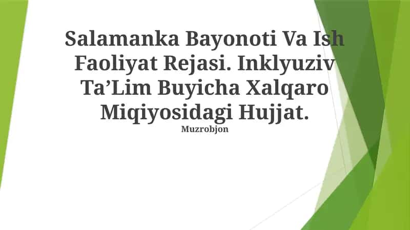 Salamanka Bayonoti Va Ish Faoliyat Rejasi. Inklyuziv TaʼLim Buyicha Xalqaro Miqiyosidagi Hujjat