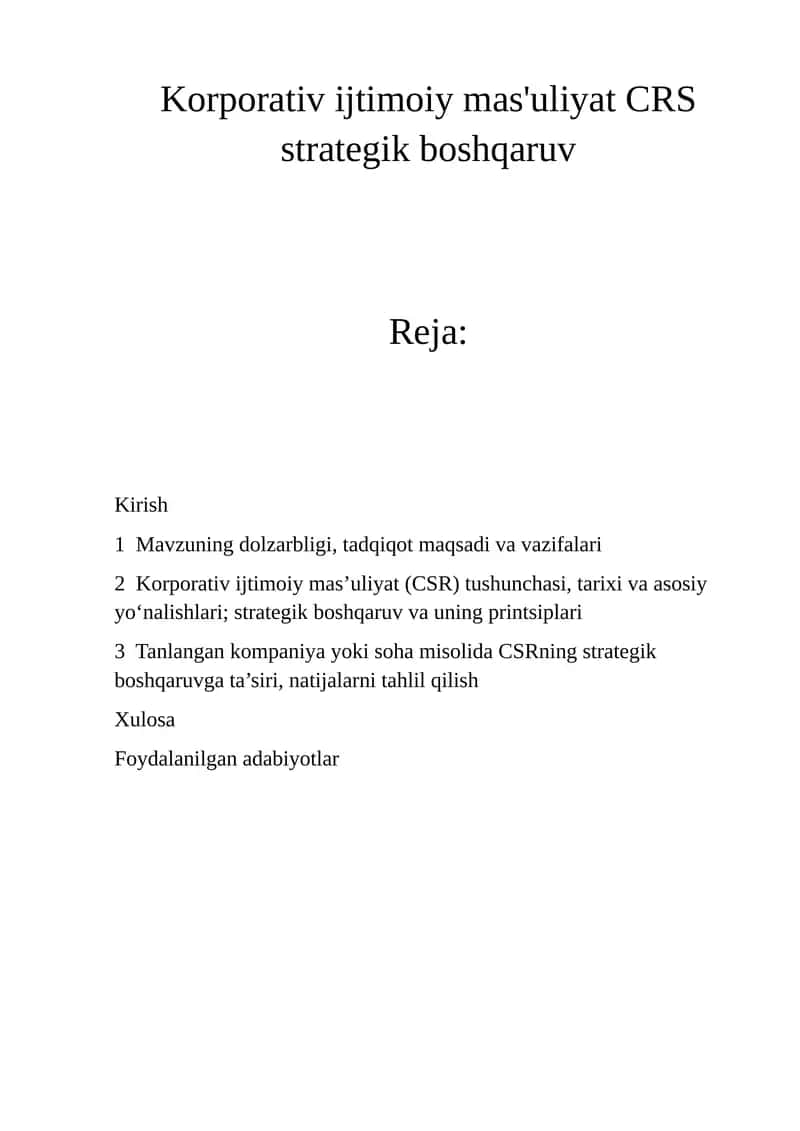Korporativ ijtimoiy mas'uliyat CRS strategik boshqaruv