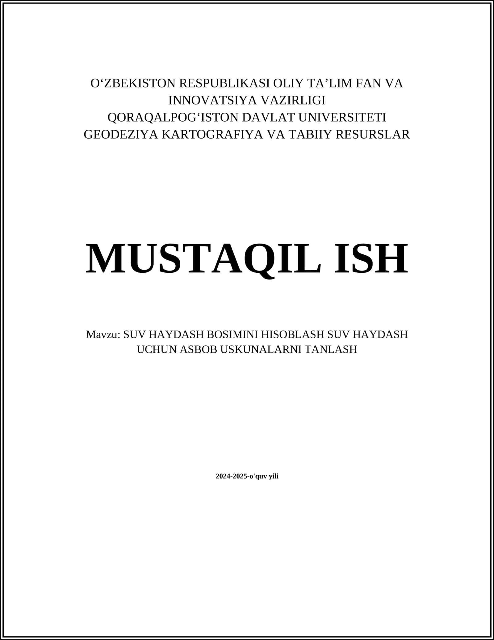 SUV HAYDASH BOSIMINI HISOBLASH SUV HAYDASH UCHUN ASBOB USKUNALARNI TANLASH