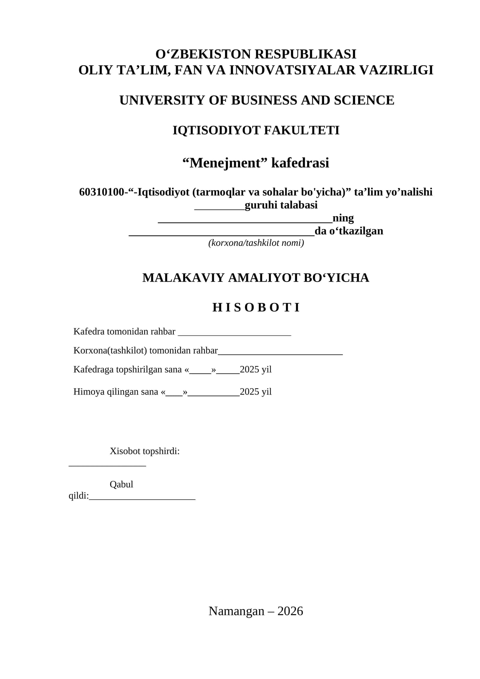 MALAKAVIY AMALIYOT BO‘YICHA H I S O B O T I