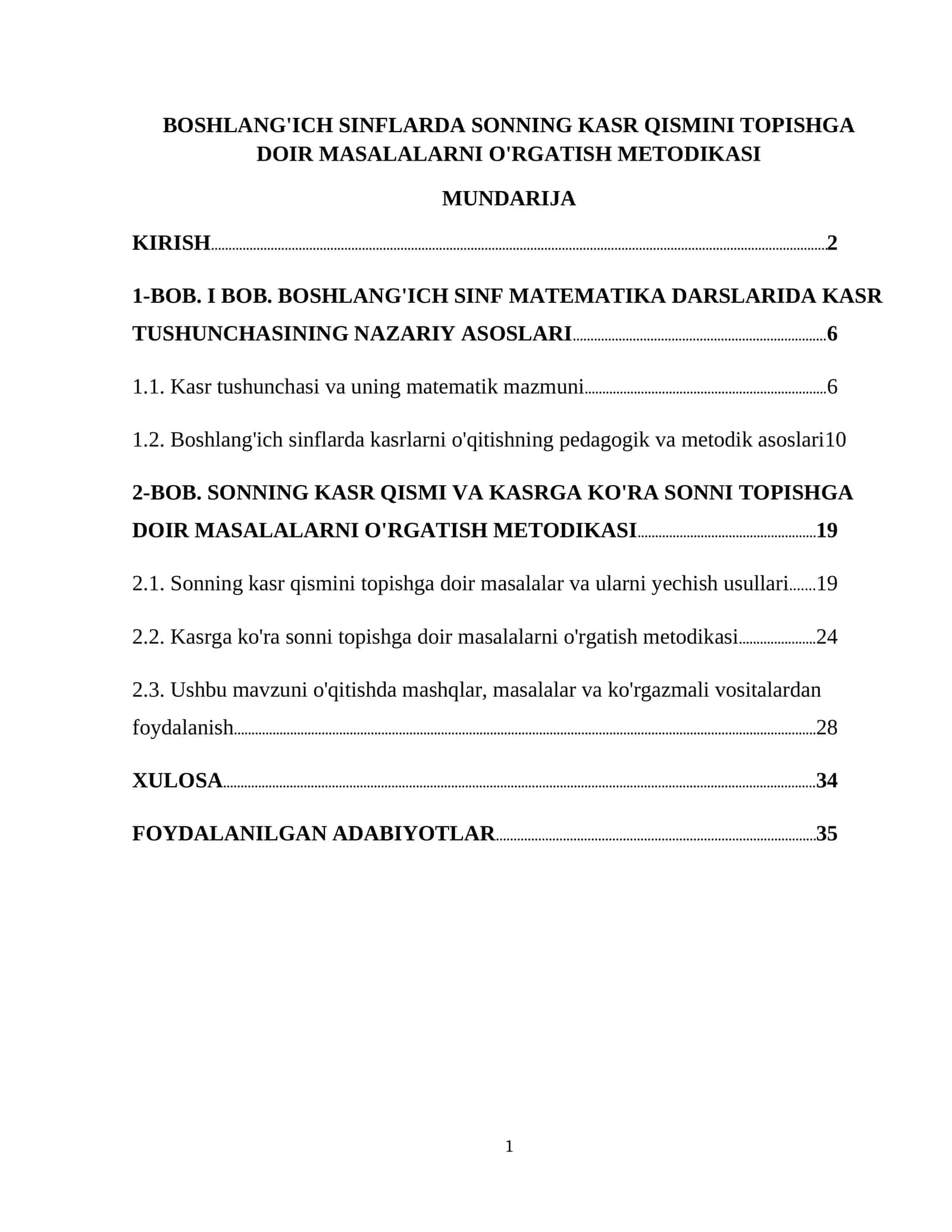 BOSHLANG'ICH SINFLARDA SONNING KASR QISMINI TOPISHGA DOIR MASALALARNI O'RGATISH METODIKASI